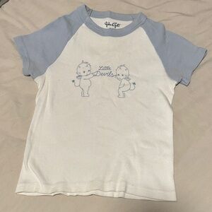 Brandy Melville Little Devils Raglan Tee - Light Blue and White